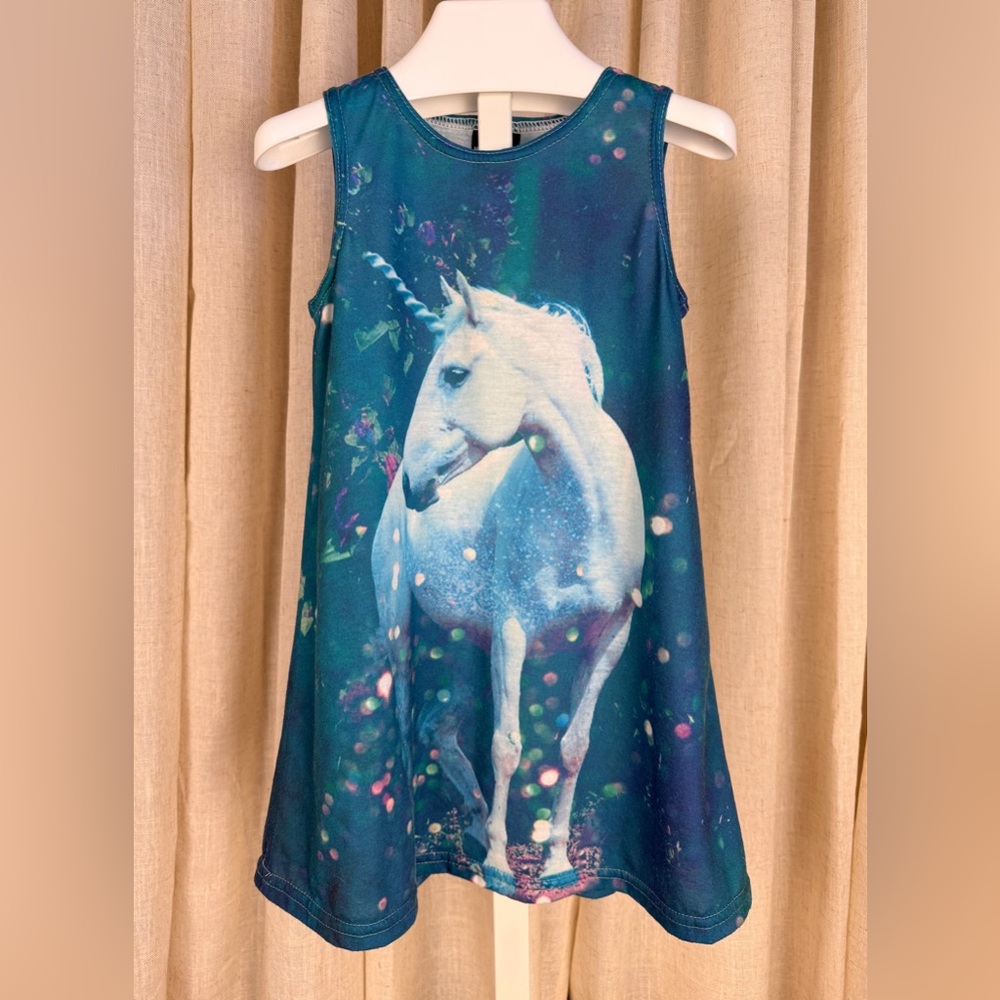 MR GUGU & MISS GO Girls' Blue Unicorn Print Tank Dress 2-4T